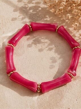 Rose Red Bead Stretch Bracelet with Gold Accents